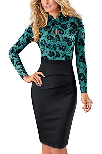 HOMEYEE Damen Vintage Stehkragen Kurzarm Bodycon Business Bleistift Kleid B430 (L, Grün + Lange Ärmel) von HOMEYEE