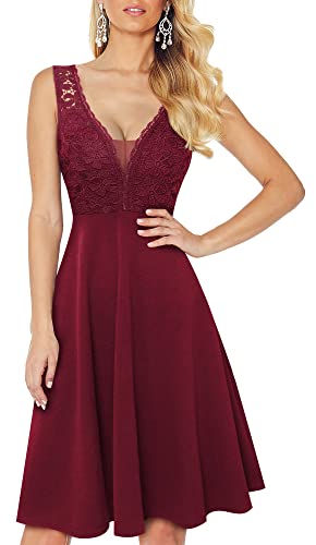 HOMEYEE Damen Vintage V-Ausschnitt Ärmel Blumen Spitze Rockabilly Swing Cocktailkleid A288 (M, Burgundy) von HOMEYEE