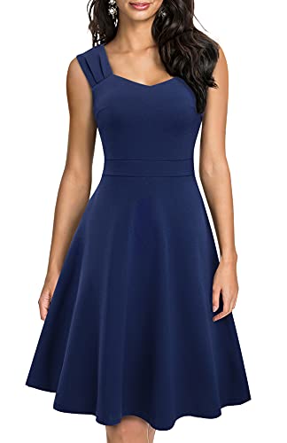 HOMEYEE Damen Vintage V-Ausschnitt Ärmellose Einfarbige Party A-Linie Sommerkleid A246 (L, Dunkelblau) von HOMEYEE