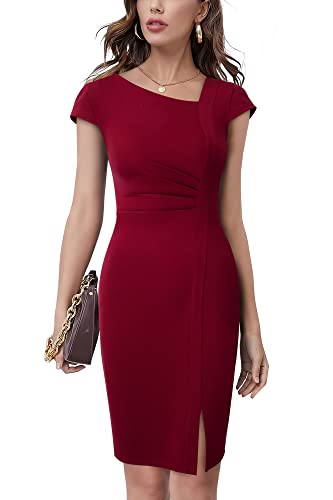 HOMEYEE Damen Vintage V-Ausschnitt Bodycon Business Bleistiftkleid mit Schlitz B700 (L, Burgund) von HOMEYEE