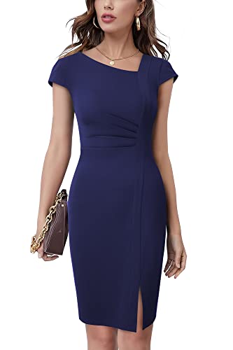 HOMEYEE Damen Vintage V-Ausschnitt Bodycon Business Bleistiftkleid mit Schlitz B700 (L, Marineblau) von HOMEYEE