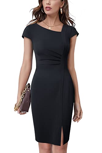 HOMEYEE Damen Vintage V-Ausschnitt Bodycon Business Bleistiftkleid mit Schlitz B700 (S, Schwarz) von HOMEYEE