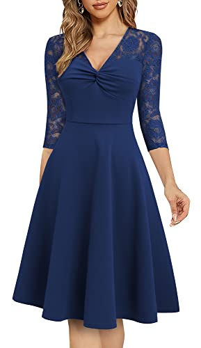 HOMEYEE Damen Vintage V-Ausschnitt Spitze Cocktailkleid Knielang Elegant Abendkleider für Hochzeit A291 (XL, Marineblau) von HOMEYEE