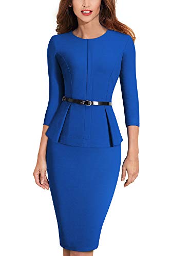 HOMEYEE Elegantes Damen Schößchen mit Rundhalsausschnitt Businesskleid B473 (EU 36 = Size S, Blau) von HOMEYEE