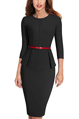 HOMEYEE Elegantes Damen Schößchen mit Rundhalsausschnitt Businesskleid B473 (EU 38 = Size M, Schwarz) von HOMEYEE