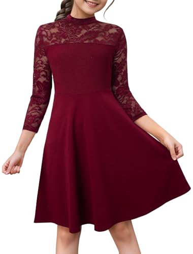 HOMEYEE Mädchenkleid Blumenspitze A-Linie 3/4 Ärmel Knielang Festliches Elegant Kinderkleider Partykleid für Hochzeit 9-14 Jahre (9 Jahre,Burgund) von HOMEYEE