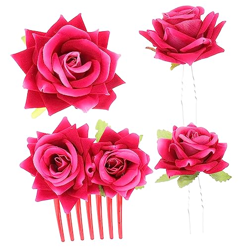 HOMSFOU 4 Stück Simulierte Rose Haarnadel Brosche Haarschmuck Corsage Dual-purpose Schmuck Kopfschmuck Schmuck Braut Hochzeit Kopfschmuck (rosenrotes Set) Haarspangen Plastik Mädchen von HOMSFOU