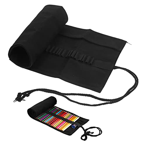 HOMSFOU Handgefertigte Canvas Roll Up Stiftetasche mit Fächern Große Kapazität für Buntstifte Skizzenstifte und Tragbarer Organizer für Künstler Schüler und Erwachsene Schwarz von HOMSFOU