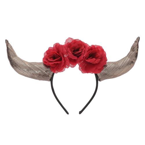 HOMSFOU Tag Der Toten Stirnband Schwarze Hörner Hornstirnband Mit Blumen Schwarze Teufelshörner Halloween Hörner Stirnband Gothic Kostümstirnband Schafhornreifen Frau Leiner Stoff Cosplay von HOMSFOU