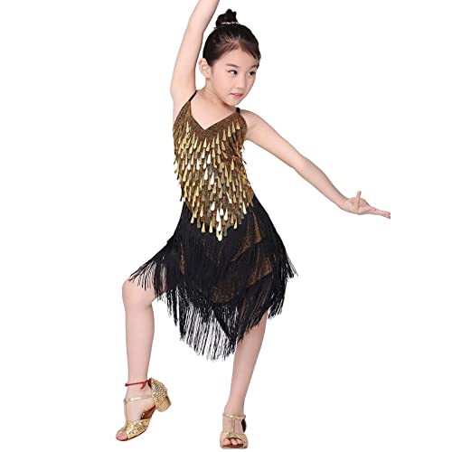 HOMU Lateinisches Tanzkleid Quastenrock Mädchen Pailletten Fransen Kleid funkelnd für Kinder Ballett Tango Rumba Tanzkleidung von HOMU