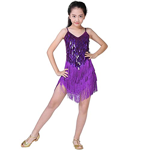 HOMU Lateinisches Tanzkleid Quastenrock Mädchen Pailletten Fransen Kleid funkelnd für Kinder Ballett Tango Rumba Tanzkleidung von HOMU
