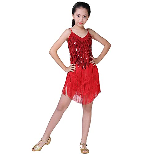 HOMU Lateinisches Tanzkleid Quastenrock Mädchen Pailletten Fransen Kleid funkelnd für Kinder Ballett Tango Rumba Tanzkleidung von HOMU