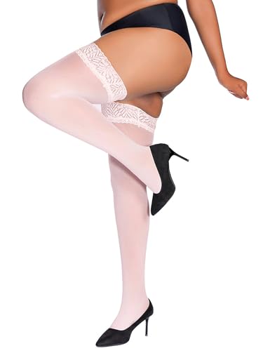 HONENNA Halbdurchsichtig Halterlose Strümpfe für Damen, Großen Größen Spitze Stay Up Nylon Strumpfhosen mit 40 DEN, 1 Paar Beige, XL-2XL von HONENNA