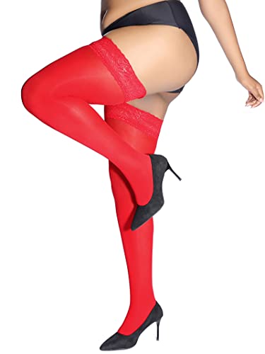 HONENNA Halbdurchsichtig Halterlose Strümpfe für Damen, Großen Größen Spitze Stay Up Nylon Strumpfhosen mit 40 DEN, 1 Paar Rot, XL-2XL von HONENNA