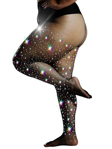 HONENNA Queen Plus Size 10X Starke Strass-Netzstrümpfe, Ultra Funkelnde Kurvige Hochtaillen-Strumpfhosen für Frauen, 1 Paar Schwarz 3XL-4XL von HONENNA