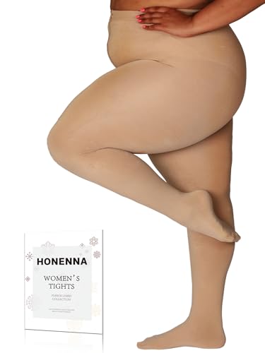 HONENNA Queen Strumpfhosen mit Fleecefutter in Übergröße, Über 6 Farben, Warme Thermo-Winterstrumpfhosen für Damen, 1 Paar Dunkelbeige 1X-2X von HONENNA