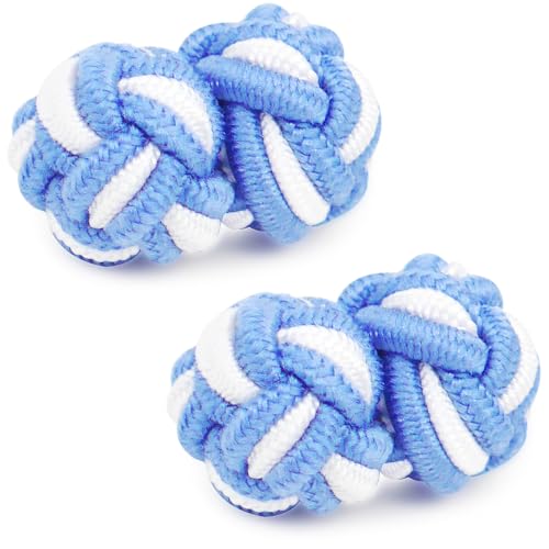 HONEY BEAR 1 Paar Herren/Damen Seide Stoff Knoten Seidenknoten Manschettenknöpfe für Hemd/Kleid (Himmelblau mit Weiß) von HONEY BEAR