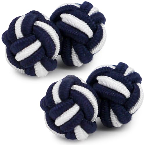 HONEY BEAR 1 Paar Herren/Damen Seide Stoff Knoten Seidenknoten Manschettenknöpfe für Hemd/Kleid (Marineblau mit Weiß) von HONEY BEAR
