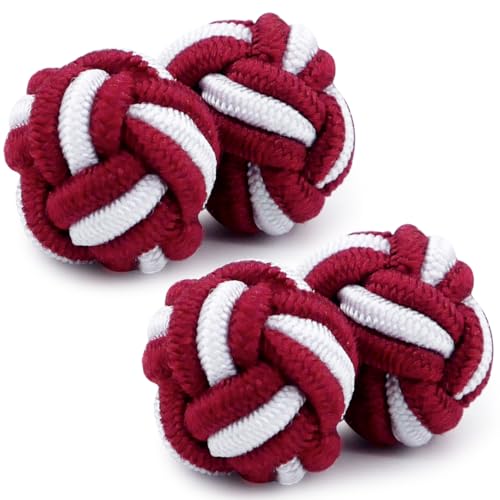 HONEY BEAR 1 Paar Herren/Damen Seide Stoff Knoten Seidenknoten Manschettenknöpfe für Hemd/Kleid (Rot mit Weiß) von HONEY BEAR