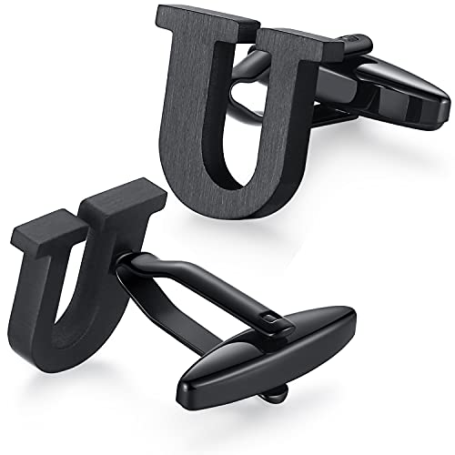 HONEY BEAR 1 Paar Herren Edelstahl Manschettenknöpfe Hochzeit Cufflinks Manschettenknopf Silber Buchstabe,MEHRWEG (U-schwarz) von HONEY BEAR