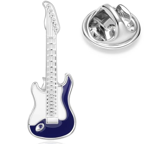HONEY BEAR 1 Stück Broschen Pins E-Gitarre Musical Musik für Herren/Damen Anzug Hemd, Geschäft Hochzeit Geschenk,Silber Weiß Blau von HONEY BEAR