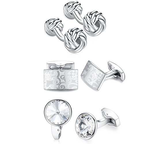 3 Paar Honey Bear Herren Hemd Hochzeit Manschettenknöpfe Set Rechteck rund mit Kristall Knoten verdreht Cufflinks Edelstahl Manschettenknopf,Silber (mit Box) von HONEY BEAR