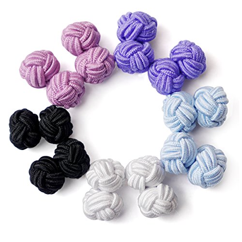HONEY BEAR 5 Paar Herren/Damen Seide Stoff Knoten Seidenknoten Manschettenknöpfe Set mit Box (Violett Weiß Schwarz mit Box) von HONEY BEAR
