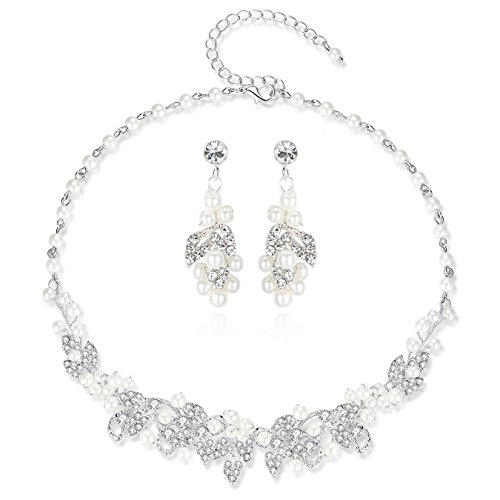 HONEY BEAR Brautschmuck Halskette und Ohrring Set für Frauen Hochzeit, Dangle, simulierte Perlen und Strass,Silber,MEHRWEG von HONEY BEAR