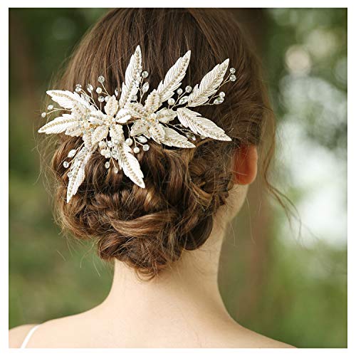 HONEY BEAR Damen Brautschmuck Blume Haarkämme Haar Klammern für Hochzeit, Kristall Strass mit Simulierte Perlen Haarschmuck, weiß,MEHRWEG (Blatt 1) von HONEY BEAR
