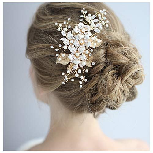 HONEY BEAR Damen Brautschmuck Blume Haarkämme Haar Klammern für Hochzeit, Kristall Strass mit Simulierte Perlen Haarschmuck, weiß,MEHRWEG (Gold Blatt Blume) von HONEY BEAR