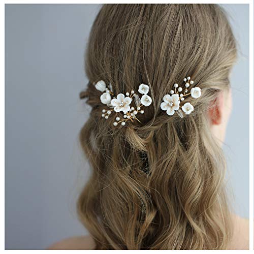 HONEY BEAR Damen Brautschmuck Blume Haarkämme für Hochzeit, Kristall Strass mit Simulierte Perlen Haarschmuck, MEHRWEG (Haarnadel Keramik Blumen) von HONEY BEAR