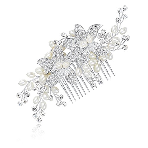 HONEY BEAR Damen Brautschmuck Blume Haarkämme für Hochzeit, Kristall Strass mit Simulierte Perlen Haarschmuck, MEHRWEG von HONEY BEAR