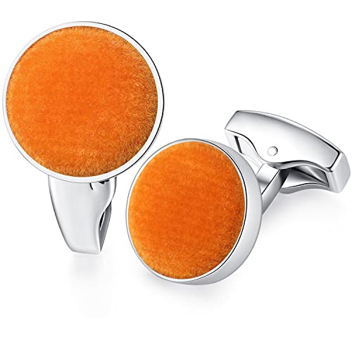 HONEY BEAR Herren Hochzeit Baumwolle Stoff Samt Manschettenknöpfe Cufflinks Edelstahl Manschettenknopf,Runden,MEHRWEG (Orange) von HONEY BEAR