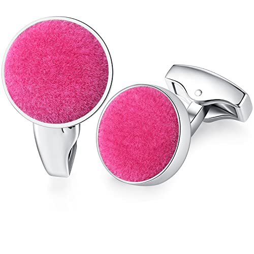 HONEY BEAR Herren Hochzeit Baumwolle Stoff Samt Manschettenknöpfe Cufflinks Edelstahl Manschettenknopf,Runden,MEHRWEG (Rosenrot) von HONEY BEAR