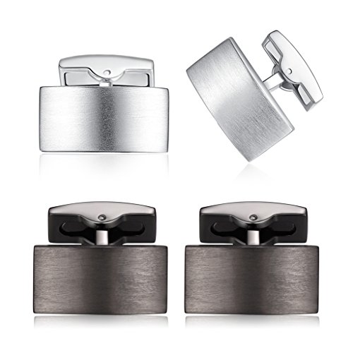 HONEY BEAR 2 Paar Herren Hochzeit Rechteck Manschettenknöpfe Cufflinks Set Edelstahl Manschettenknopf,Silber Schwarz (Pistole Schwarz+gebürstetes Silber mit Box) von HONEY BEAR