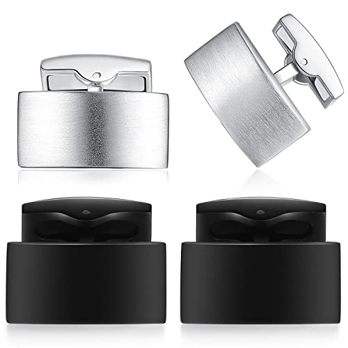 HONEY BEAR 2 Paar Herren Hochzeit Rechteck Manschettenknöpfe Cufflinks Set Edelstahl Manschettenknopf,Silber Schwarz (Mattschwarz+gebürstetes Silber mit Box) von HONEY BEAR