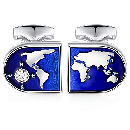 HONEY BEAR Herren Hochzeit Weltkarte Manschettenknöpfe Cufflinks Globus Hemd Edelstahl Manschettenknopf,Dunkel Blau,MEHRWEG von HONEY BEAR