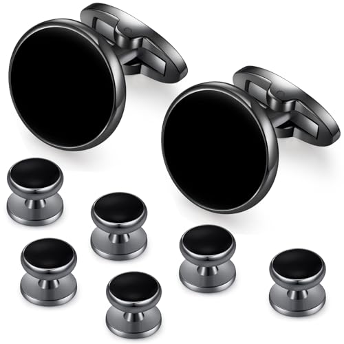 HONEY BEAR Herren Manschettenknöpfe 1 Paar und 6 Stück Frackknöpfe für Herren Französisch Hemden (Schwarz) von HONEY BEAR