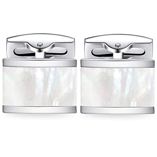 HONEY BEAR Herren Manschettenknöpfe Hochzeit Cufflinks Manschettenknopf Gebürstet-Silber Edelstahl (Weiße Schale) von HONEY BEAR