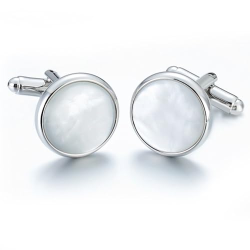 HONEY BEAR Herren Perle Schale Stein/Achat Onyx Manschettenknöpfe Cufflinks Manschettenknopf für Hemd, Hochzeit Geschäft Geschenk (Weiße Schale) von HONEY BEAR
