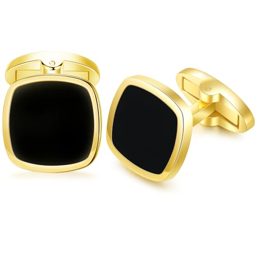 HONEY BEAR Herren Quadrat Manschettenknöpfe Hochzeit Cufflinks Manschettenknopf (Schwarz mit Gold) von HONEY BEAR