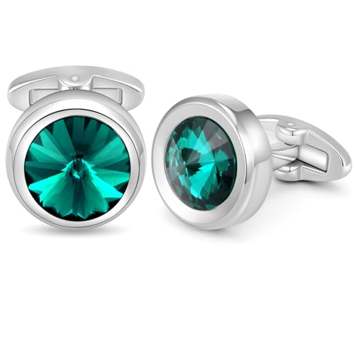 HONEY BEAR Herren Rund Manschettenknöpfe mit Kristall Hochzeit Cufflinks Manschettenknopf (Grün 17mm) von HONEY BEAR
