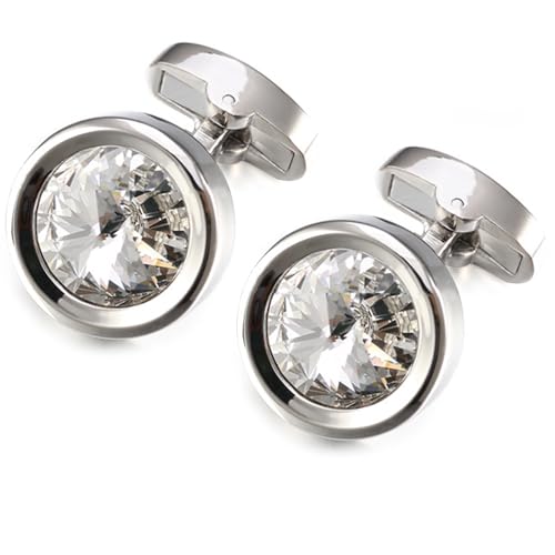 HONEY BEAR Herren Rund Manschettenknöpfe mit Kristall Hochzeit Cufflinks Manschettenknopf (Weiß 17mm) von HONEY BEAR