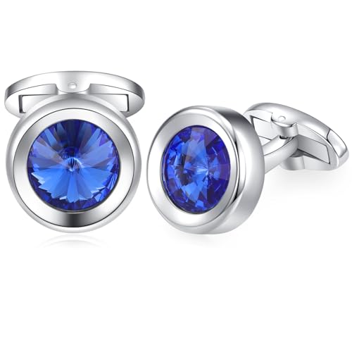 HONEY BEAR Herren Rund Manschettenknöpfe mit Kristall Hochzeit Cufflinks Manschettenknopf (Blau 16mm) von HONEY BEAR