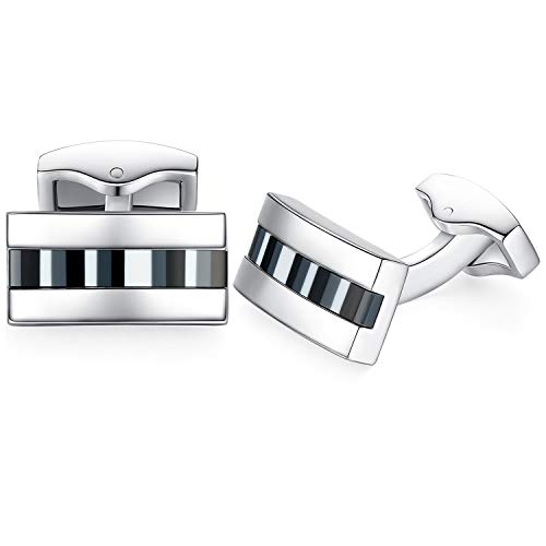 HONEY BEAR Herren Weiß Perle Schale Manschettenknöpfe Cufflinks Edelstahl Rechteck Manschettenknopf für Hemd, Hochzeit Geschäft Geschenk (Schwarz Grau Weiß) von HONEY BEAR