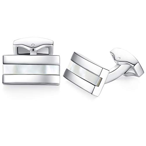 Honey Bear Herren Weiß Perle Schale Manschettenknöpfe Cufflinks Edelstahl Rechteck Manschettenknopf für Hemd, Hochzeit Geschäft Geschenk (Weiße Schale) von HONEY BEAR