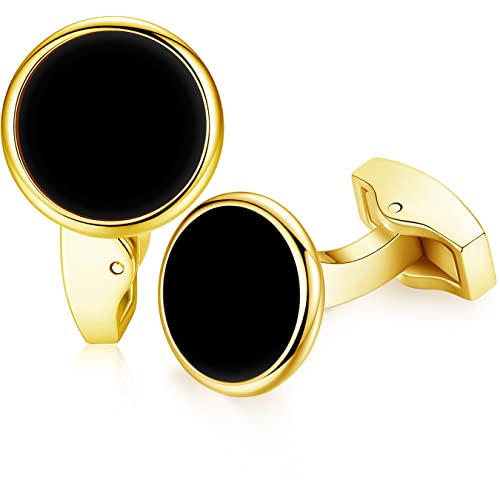 HONEY BEAR Herren Weiß Perle Schale Stein/Schwarz Achat Onyx Manschettenknöpfe Cufflinks Edelstahl Manschettenknopf für Hemd, Hochzeit Geschäft Geschenk (Gold + Schwarzer Onyx) von HONEY BEAR