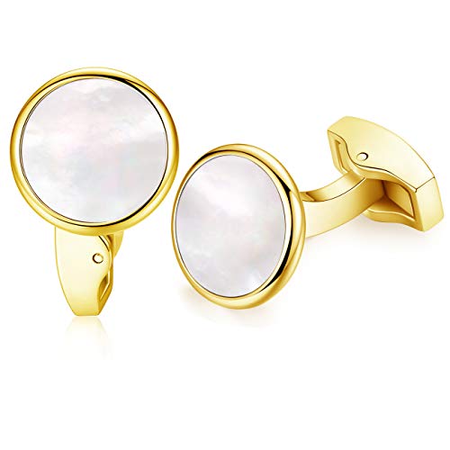 HONEY BEAR Herren Weiß Perle Schale Stein/Schwarz Achat Onyx Manschettenknöpfe Cufflinks Edelstahl Manschettenknopf für Hemd, Hochzeit Geschäft Geschenk (Gold + Weiße Muschel) von HONEY BEAR