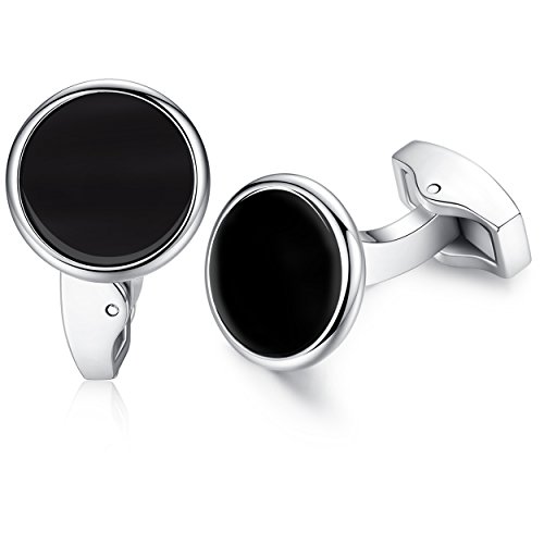 HONEY BEAR Herren Weiß Perle Schale Stein/Schwarz Achat Onyx Manschettenknöpfe Cufflinks Edelstahl Manschettenknopf für Hemd, Hochzeit Geschäft Geschenk (Schwarz) von HONEY BEAR
