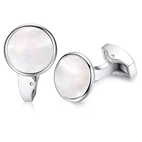 HONEY BEAR Herren Weiß Perle Schale Stein/Schwarz Achat Onyx Manschettenknöpfe Cufflinks Edelstahl Manschettenknopf für Hemd, Hochzeit Geschäft Geschenk,MEHRWEG (Weiße Schale) von HONEY BEAR